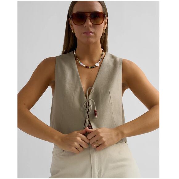ZARA Sleeveless Linen Vest NWT | Beige Beaded Tie-Front Top Size L - Picture 15 of 16